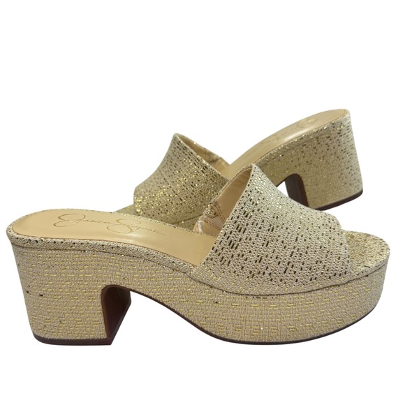 New Jessica Simpson Elenoa Gold Metallic Woven Platform Slide Sandals Heels 8.5M - Picture 1 of 16